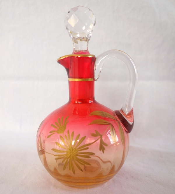 Carafe à liqueur forme boule en cristal de Baccarat orange rehaussée à l'or fin