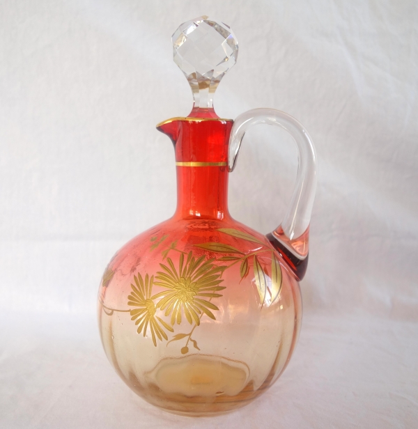Carafe à liqueur forme boule en cristal de Baccarat orange rehaussée à l'or fin