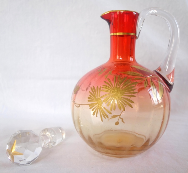 Carafe à liqueur forme boule en cristal de Baccarat orange rehaussée à l'or fin