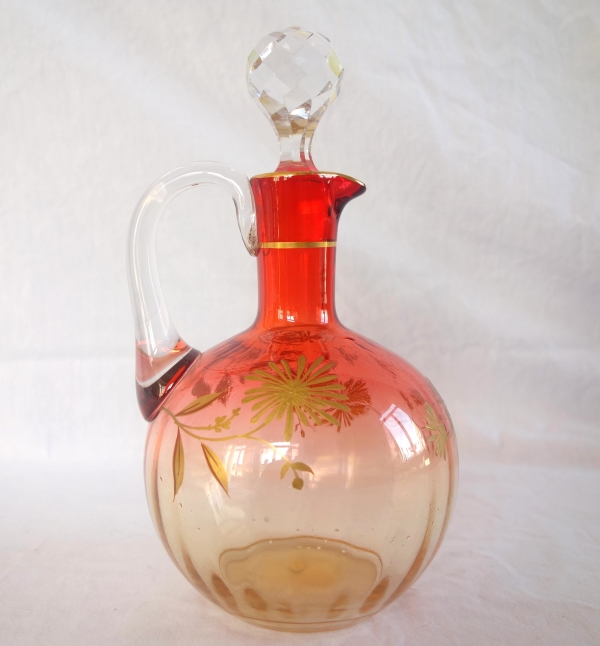 Carafe à liqueur forme boule en cristal de Baccarat orange rehaussée à l'or fin