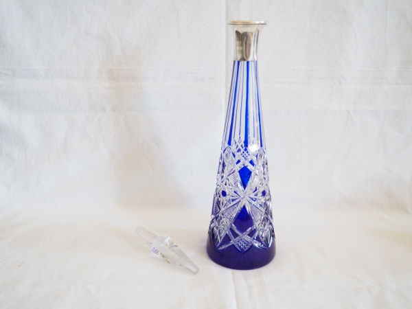Baccarat blue overlay crystal and sterling silver liquor decanter - Lagny pattern