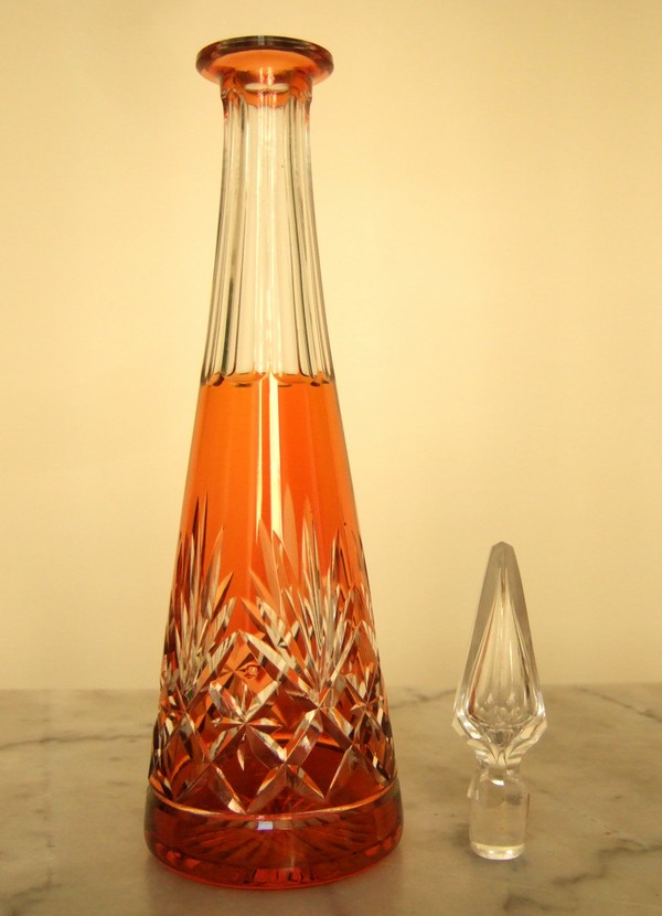 St Louis crystal liquor decanter, orange overlay, Masset patternLiquor