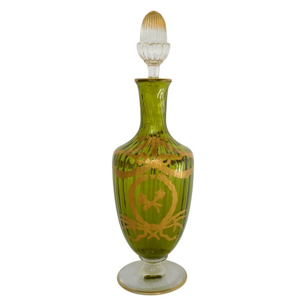 St Louis crystal Louis XVI style liquor decanter, green and gilt crystal
