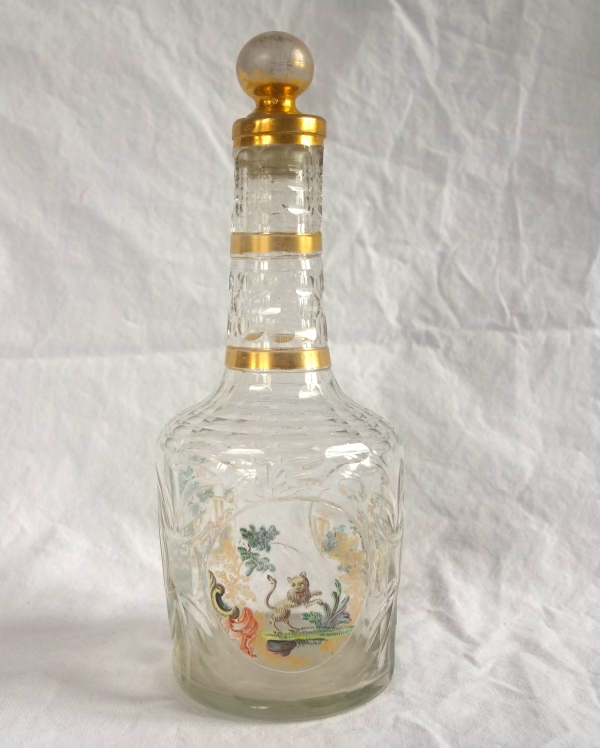 18th century liquor bottle - cut, gilt and enamelled glass