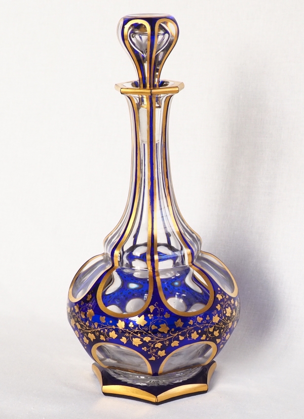 Baccarat crystal wine decanter, blue overlay enhanced with fine gold - mid 19th century circa 1850