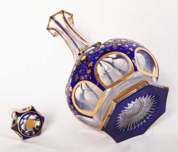 Baccarat crystal wine decanter, blue overlay enhanced with fine gold - mid 19th century circa 1850