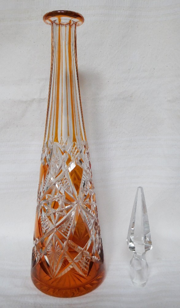 Orange overlay Baccarat crystal liquor decanter, Lagny pattern