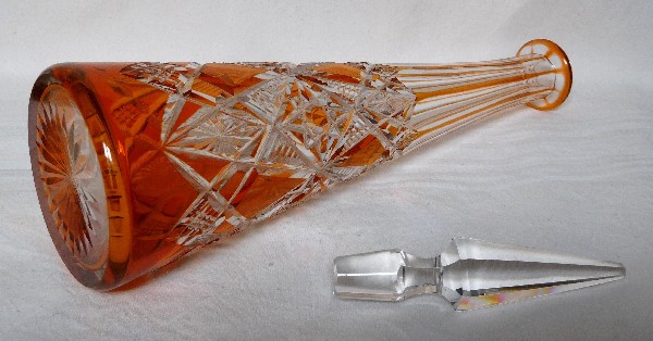 Tall orange overlay Baccarat crystal wine decanter, Lagny pattern