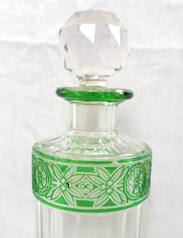 Baccarat crystal perfume bottle, Empire pattern, green overlay crystal - 15.2cm