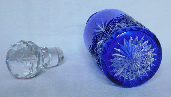 Antique French Baccarat crystal perfume bottle, blue overlay crystal, Douai pattern