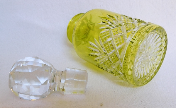 Antique French Baccarat crystal perfume bottle, light green overlay crystal, Douai pattern