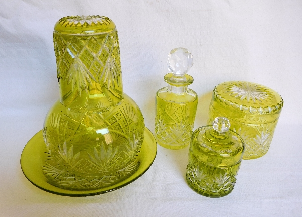Antique French Baccarat crystal perfume bottle, light green overlay crystal, Douai pattern