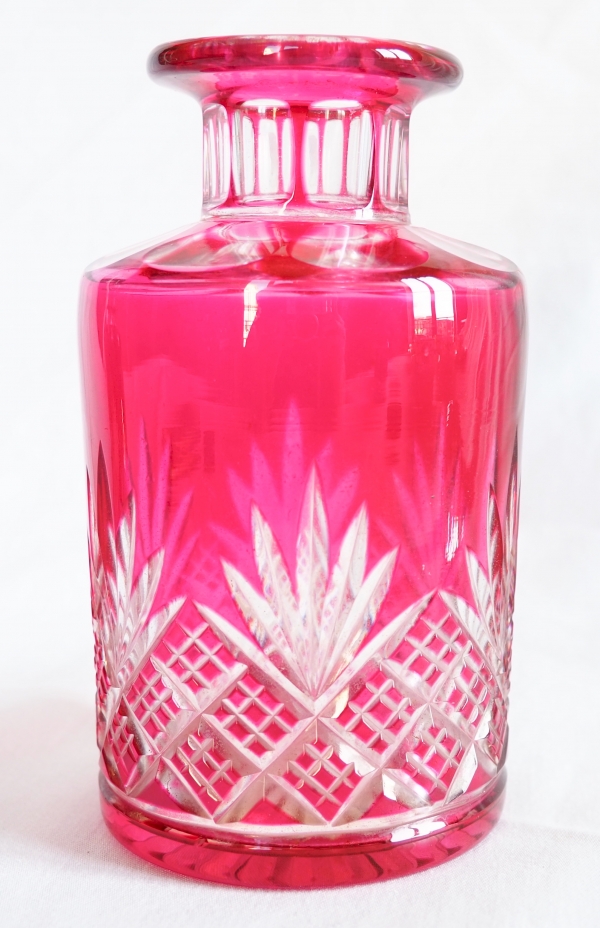 Antique French Baccarat crystal perfume bottle, pink overlay crystal, Douai pattern - 19.2cm - paper sticker