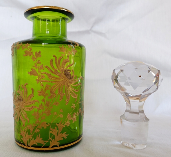 Tall Art Nouveau Baccarat crystal perfume bottle, green crystal enhanced with fine gold