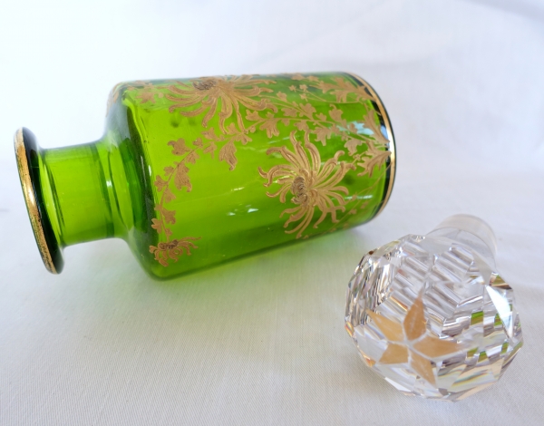 Tall Art Nouveau Baccarat crystal perfume bottle, green crystal enhanced with fine gold