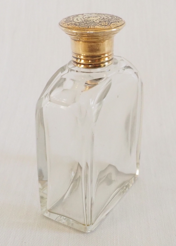 Crystal and vermeil (sterling silver) perfume bottle, LG monogram, mid 19th century