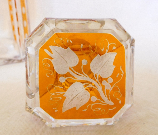 Baccarat crystal liquor decanter, rare orange overlay pattern