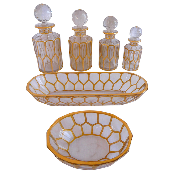 St Louis crystal toiletry set, rare honeycombed cut pattern enhanced with fine gold