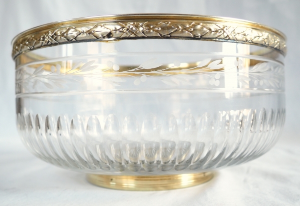 Puiforcat : grand saladier de style Louis XVI en cristal de Baccarat et vermeil - argent massif