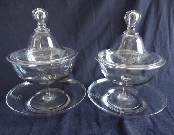 Pair of Baccarat crystal candy bowls, crown of marquis engraved