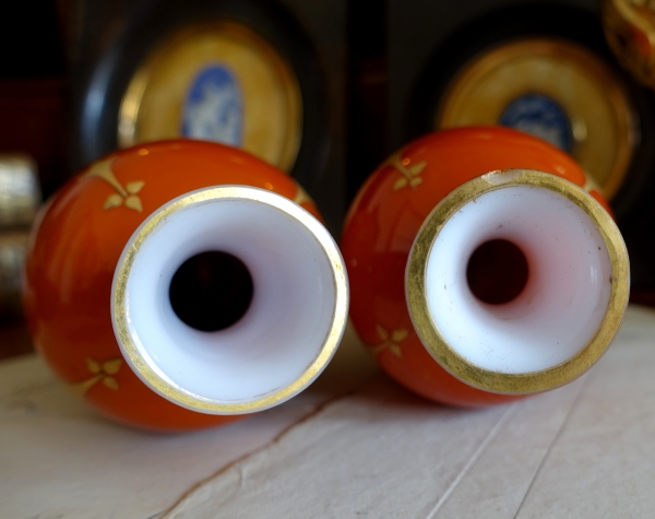 Baccarat : pair of orange opaline vases enhanced with fine gold - circa 1900