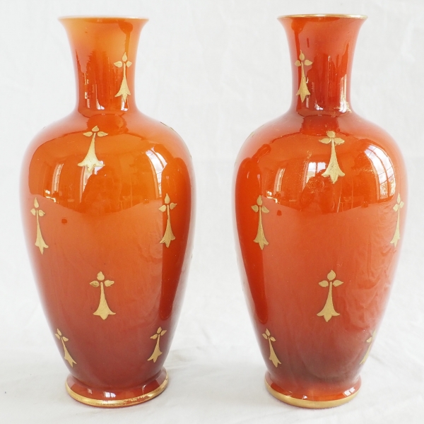 Baccarat : pair of orange opaline vases enhanced with fine gold - circa 1900