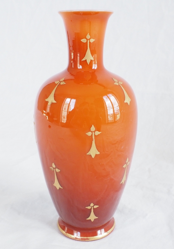 Baccarat : pair of orange opaline vases enhanced with fine gold - circa 1900