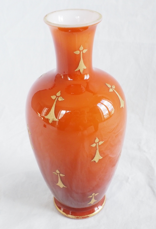 Baccarat : pair of orange opaline vases enhanced with fine gold - circa 1900