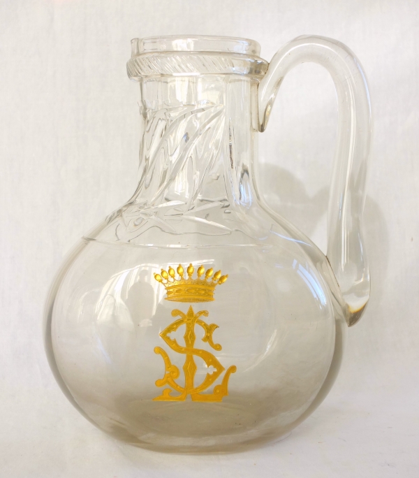 Pair of St Louis crystal water pitchers - Cluny pattern engraved and gilt with a crown of count