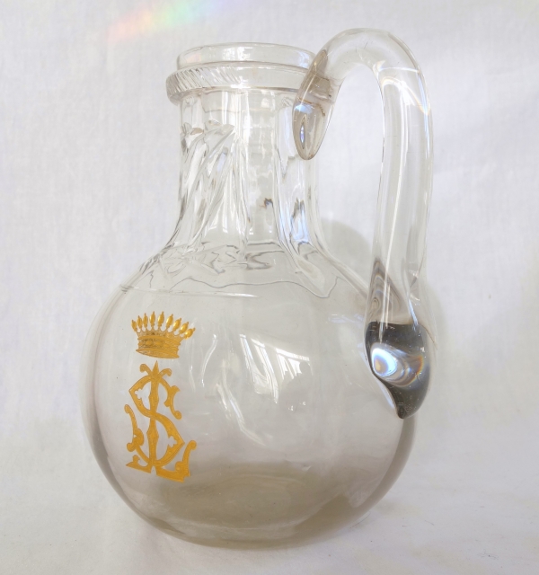 Pair of St Louis crystal water pitchers - Cluny pattern engraved and gilt with a crown of count