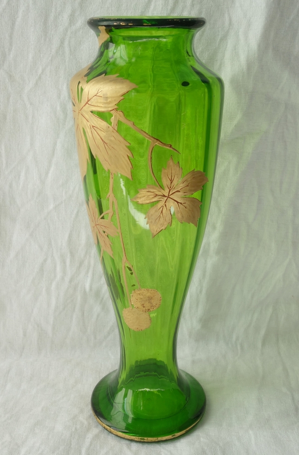 Pair of Baccarat green crystal vases, Platanes pattern enhanced with fine gold