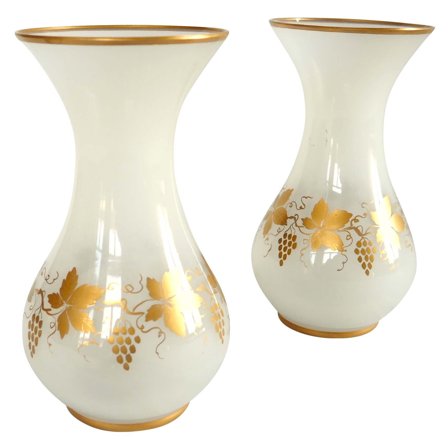 Pair of Baccarat crystal opaline vases enhanced with fine gold, 19th century production circa 1850