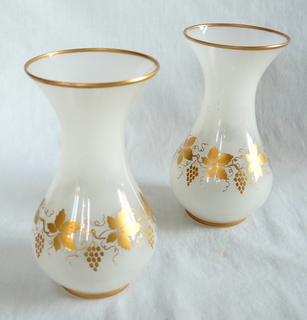 Pair of Baccarat crystal opaline vases enhanced with fine gold, 19th century production circa 1850