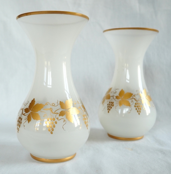 Pair of Baccarat crystal opaline vases enhanced with fine gold, 19th century production circa 1850