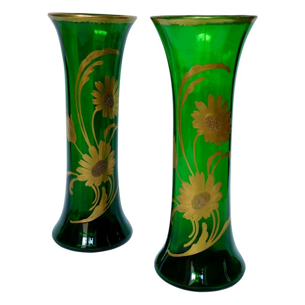 Pair of Saint Louis crystal green vases - fine gold floral decoration - circa 1900