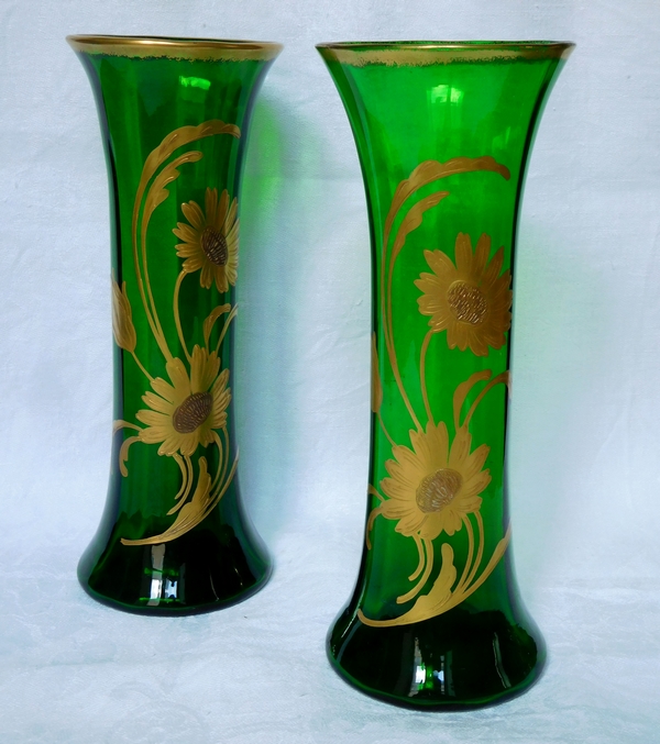 Pair of Saint Louis crystal green vases - fine gold floral decoration - circa 1900