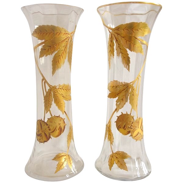 Pair of Saint Louis crystal vases enhanced with a horse chestnut tree pattern - Art Nouveau period