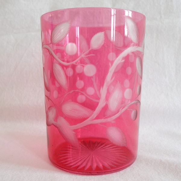 Pair of Baccarat overlay pink crystal glasses, richly engraved model