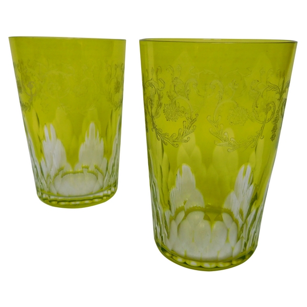 Pair of Baccarat crystal tooth glasses, green overlay, Richelieu pattern - signed