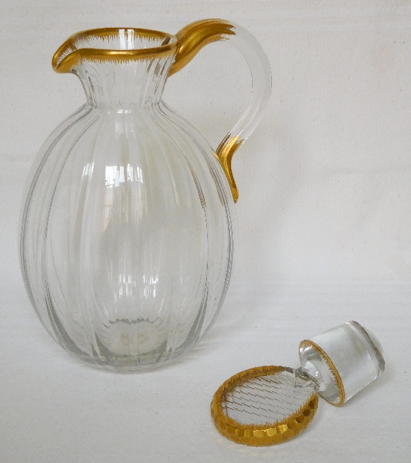 Tall Daum crystal or glass pitcher gilt with fine gold, signed