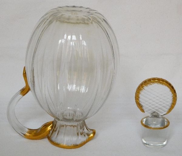 Tall Daum crystal or glass pitcher gilt with fine gold, signed