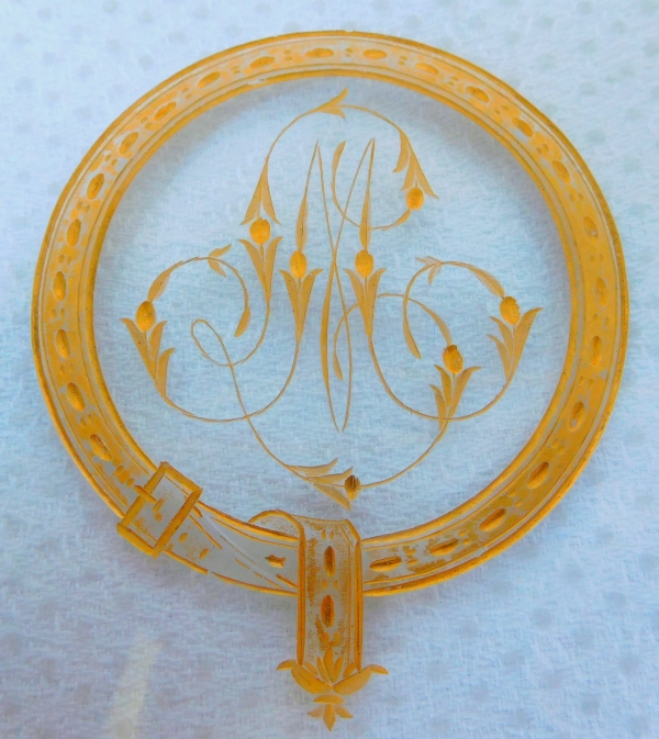 Plateau à lettres en cristal de Baccarat taillé et doré à l'or fin, monogramme LM - vers 1870
