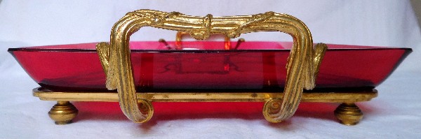 Ruby red Baccarat crystal and ormolu serving tray signed