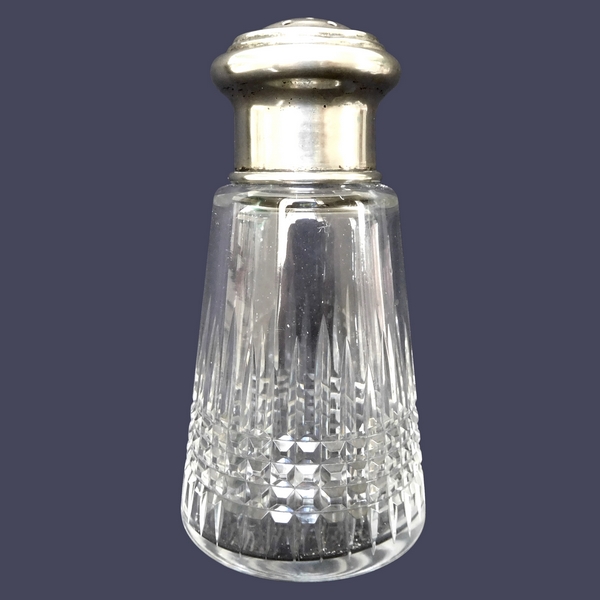 Baccarat crystal sugar shaker, Nancy pattern, silverplate lid
