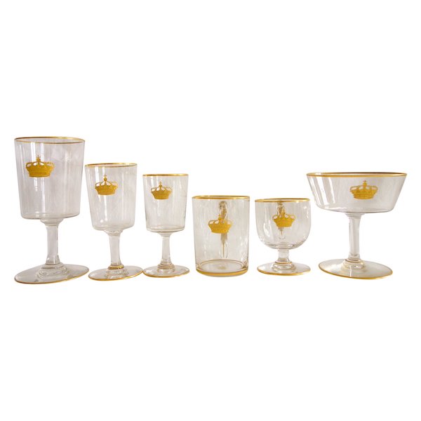 Service de verres 6 pièces en cristal de Baccarat gravé & doré couronne royale, étiquette papier