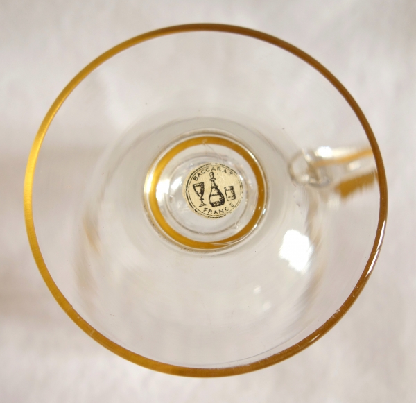 Service de verres 6 pièces en cristal de Baccarat gravé & doré couronne royale, étiquette papier