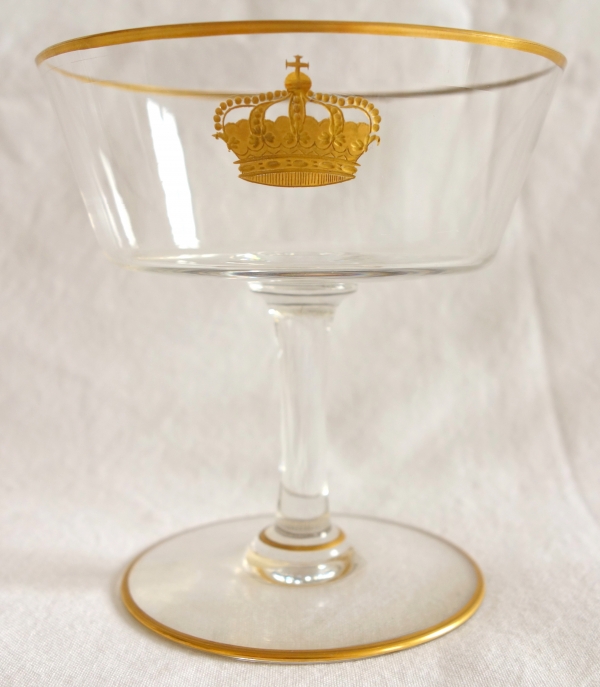 Baccarat crystal glasses set of 6, gilt royal crown engraved, original paper sticker