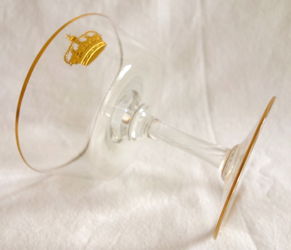 Service de verres 6 pièces en cristal de Baccarat gravé & doré couronne royale, étiquette papier