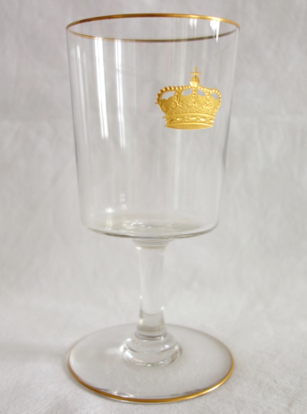 Baccarat crystal glasses set of 6, gilt royal crown engraved, original paper sticker