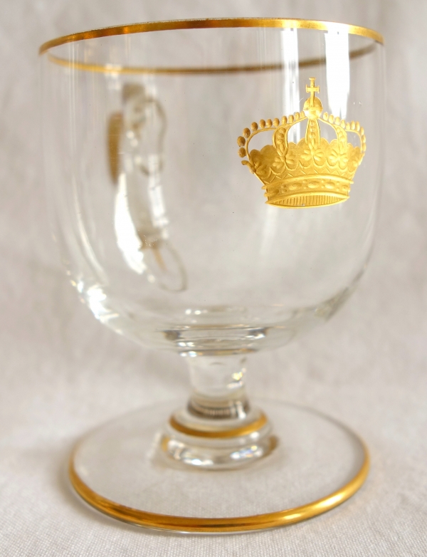 Service de verres 6 pièces en cristal de Baccarat gravé & doré couronne royale, étiquette papier